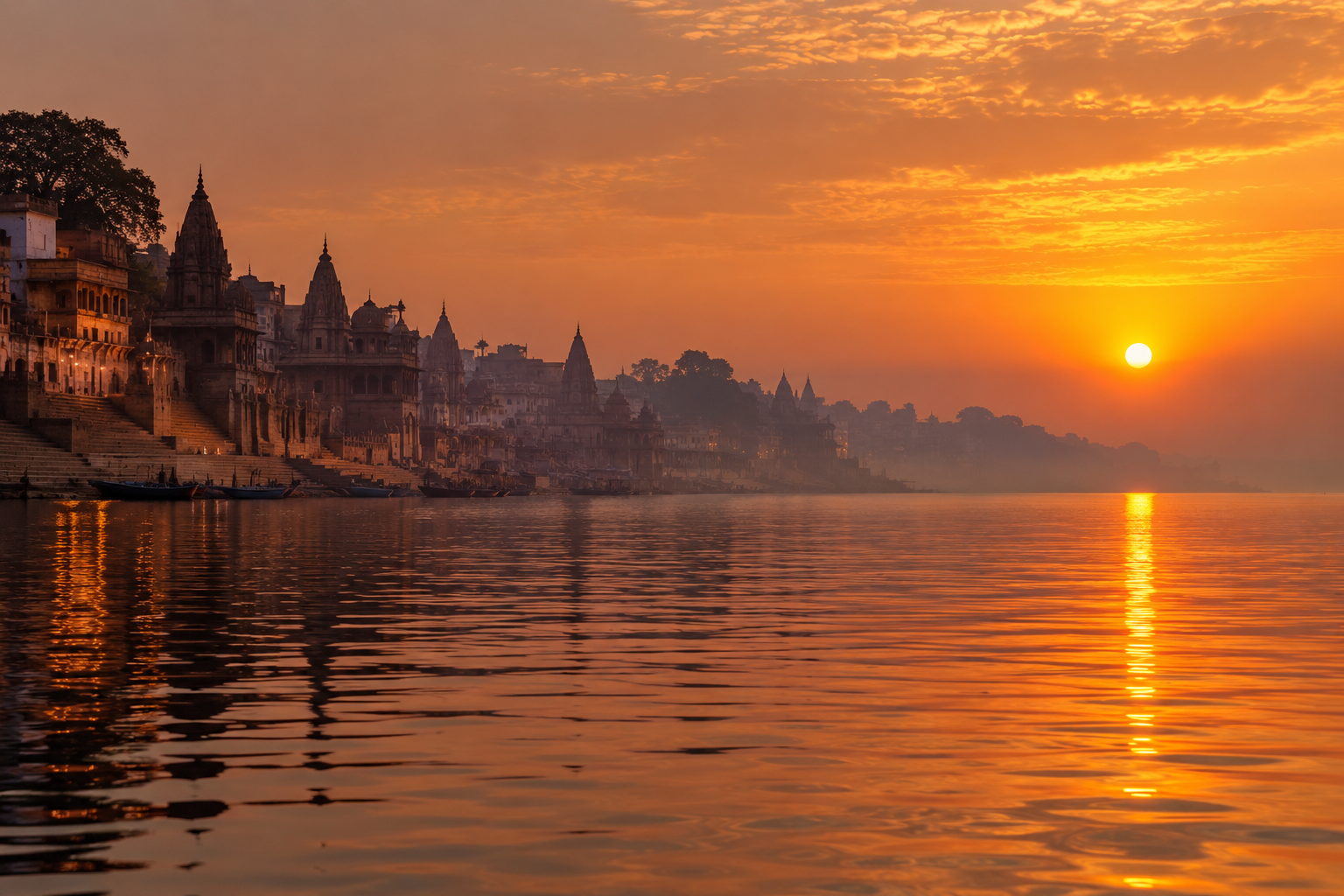 नदी के घाटों पर सुनहरे सूर्योदय का शांत दृश्य